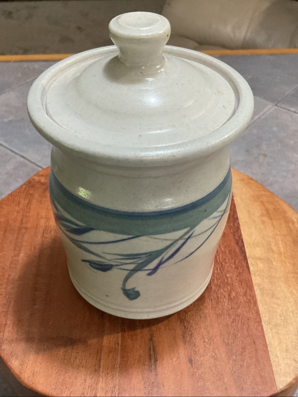 Handcrafted Ceramic Lidded Jar in Cream with Blue Accent - Home Art